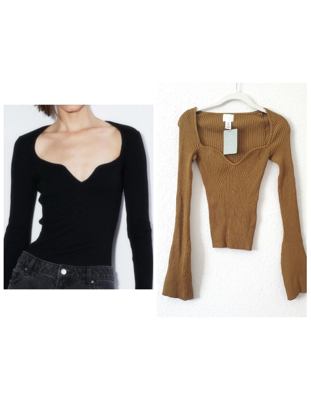 H&M Olive Green Ribbed Sweetheart Neckline Top Sweater XS NWT Feminine Fall Boho